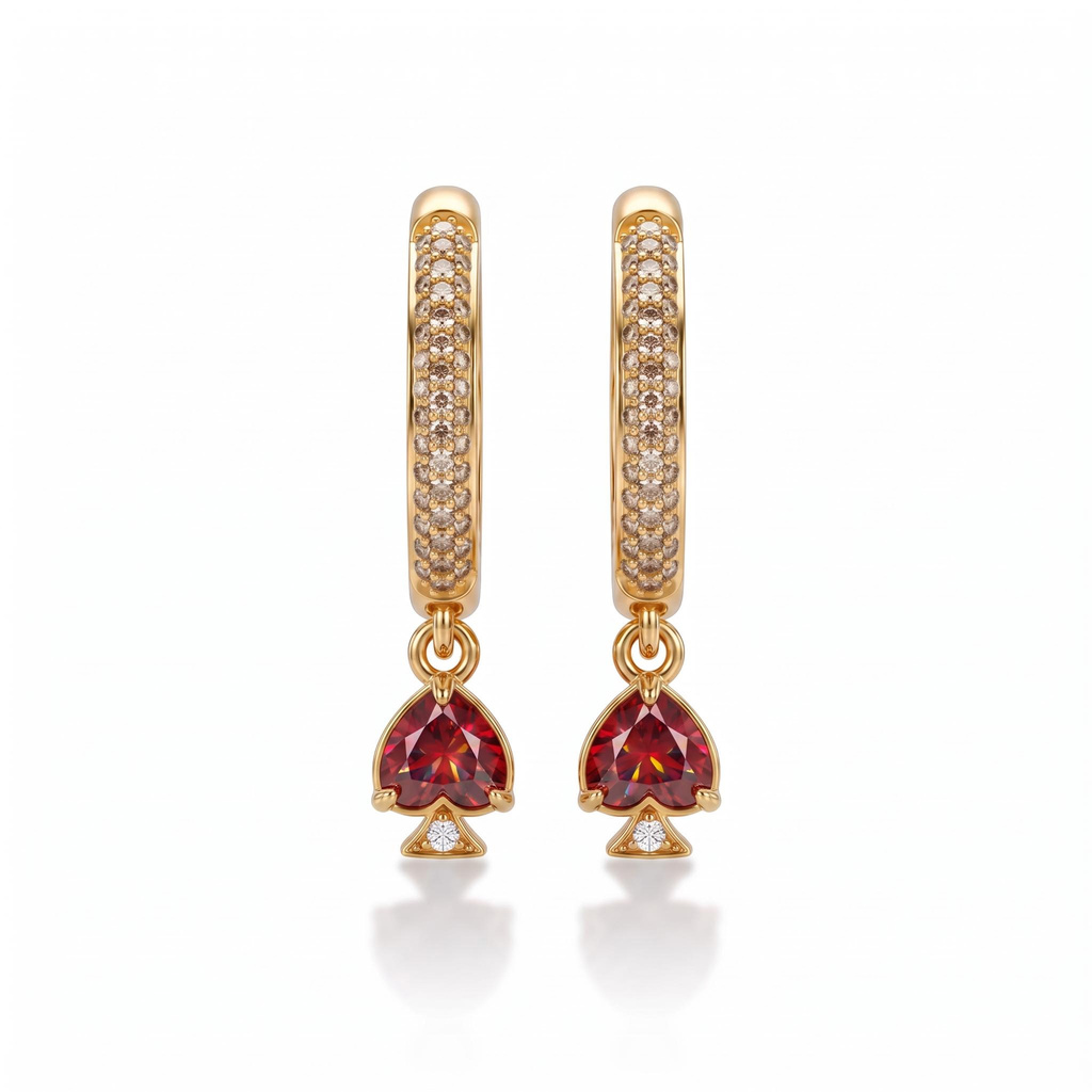 1.4 ct.tw. Dark Poker Suit Red Heart Drop Hoop Earrings 1.4 ct.tw. Dark Poker Suit Red Heart Drop Hoop Earrings