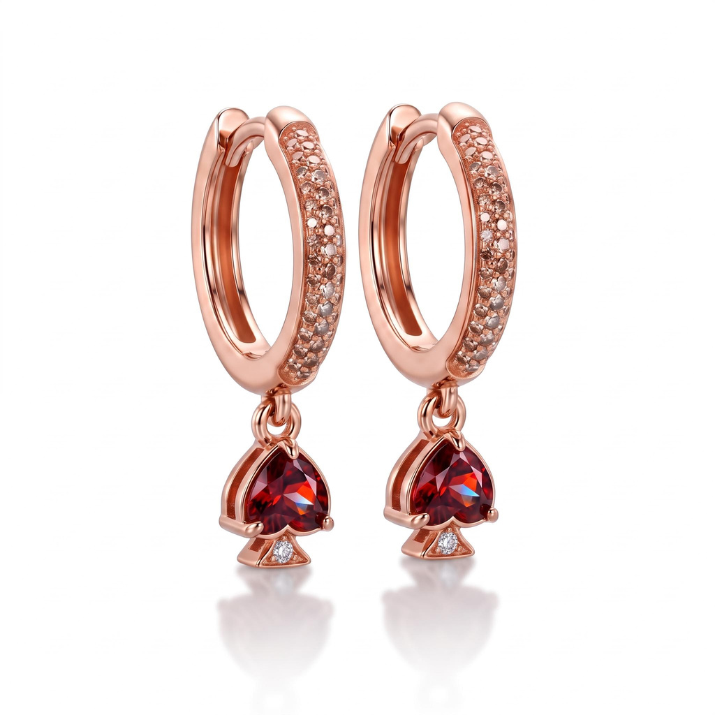 1.4 ct.tw. Dark Poker Suit Red Heart Drop Hoop Earrings 1.4 ct.tw. Dark Poker Suit Red Heart Drop Hoop Earrings