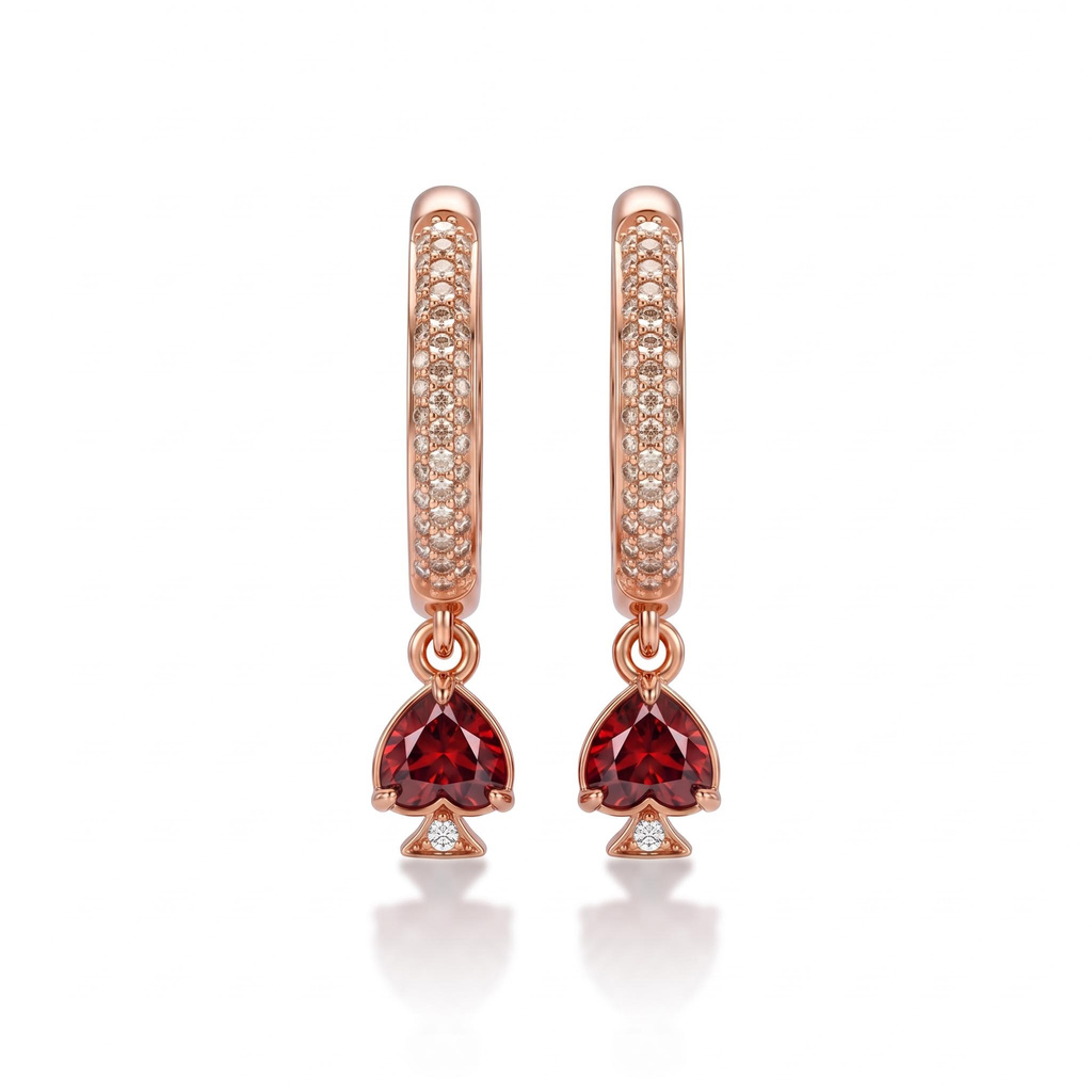 1.4 ct.tw. Dark Poker Suit Red Heart Drop Hoop Earrings 1.4 ct.tw. Dark Poker Suit Red Heart Drop Hoop Earrings