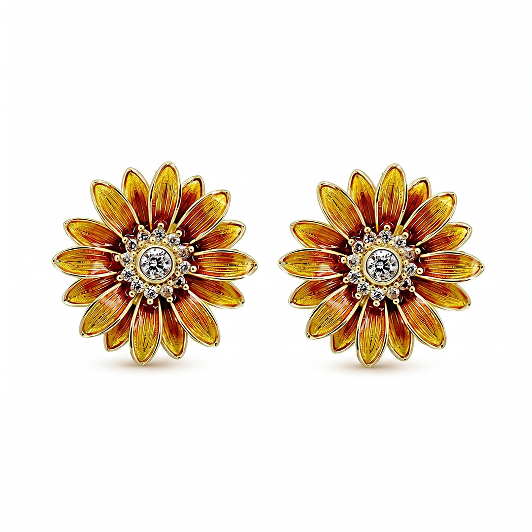 Enamel Nature Glaze Brown Yellow Sunflower Stud Earrings Enamel Nature Glaze Brown Yellow Sunflower Stud Earrings