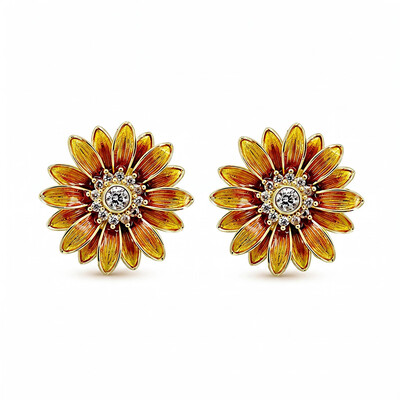 Enamel Nature Glaze Brown Yellow Sunflower Stud Earrings