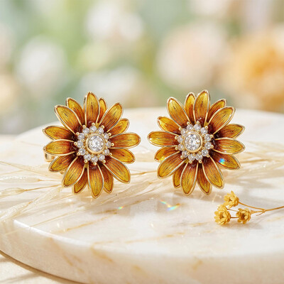 Enamel Nature Glaze Brown Yellow Sunflower Stud Earrings