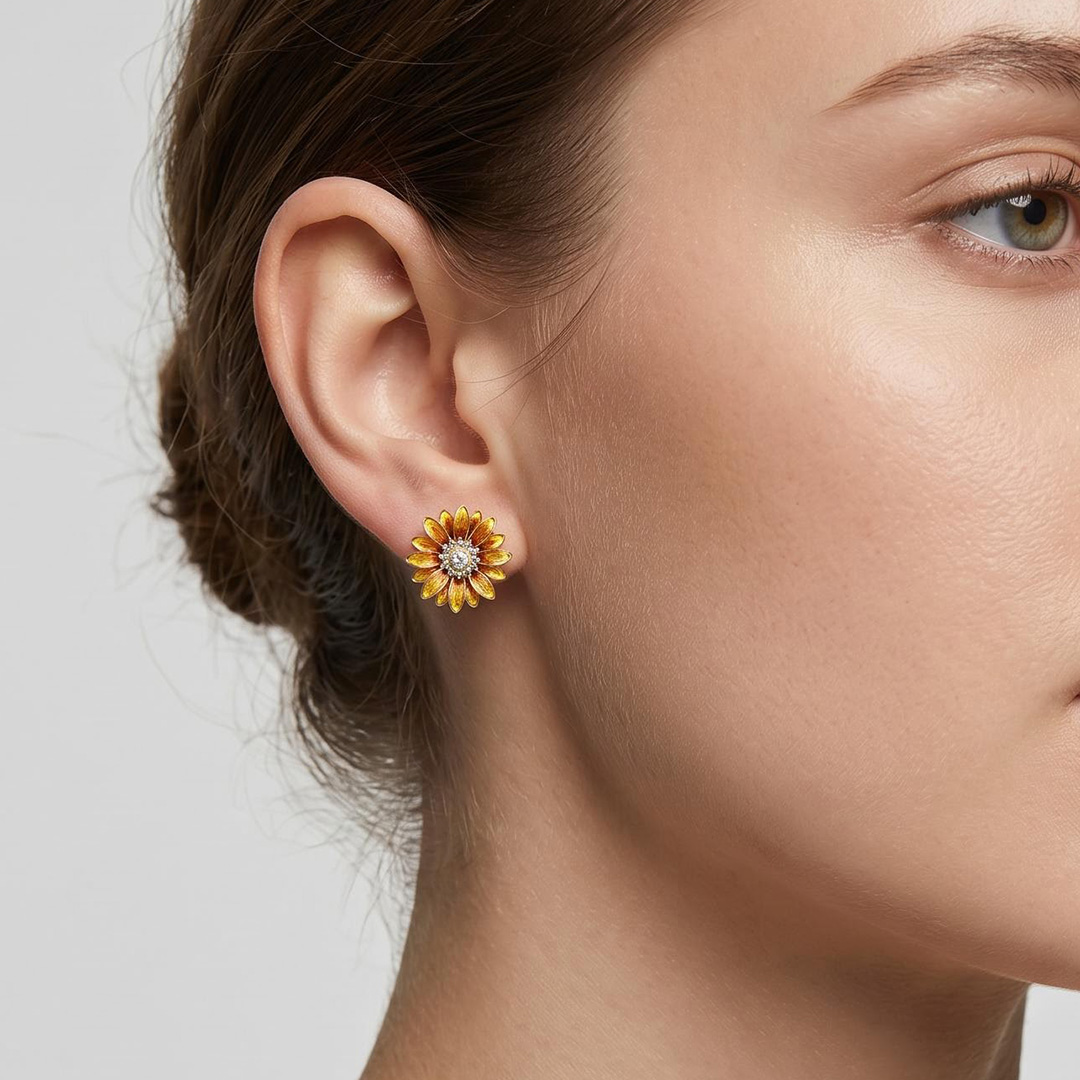 Enamel Nature Glaze Brown Yellow Sunflower Stud Earrings Enamel Nature Glaze Brown Yellow Sunflower Stud Earrings