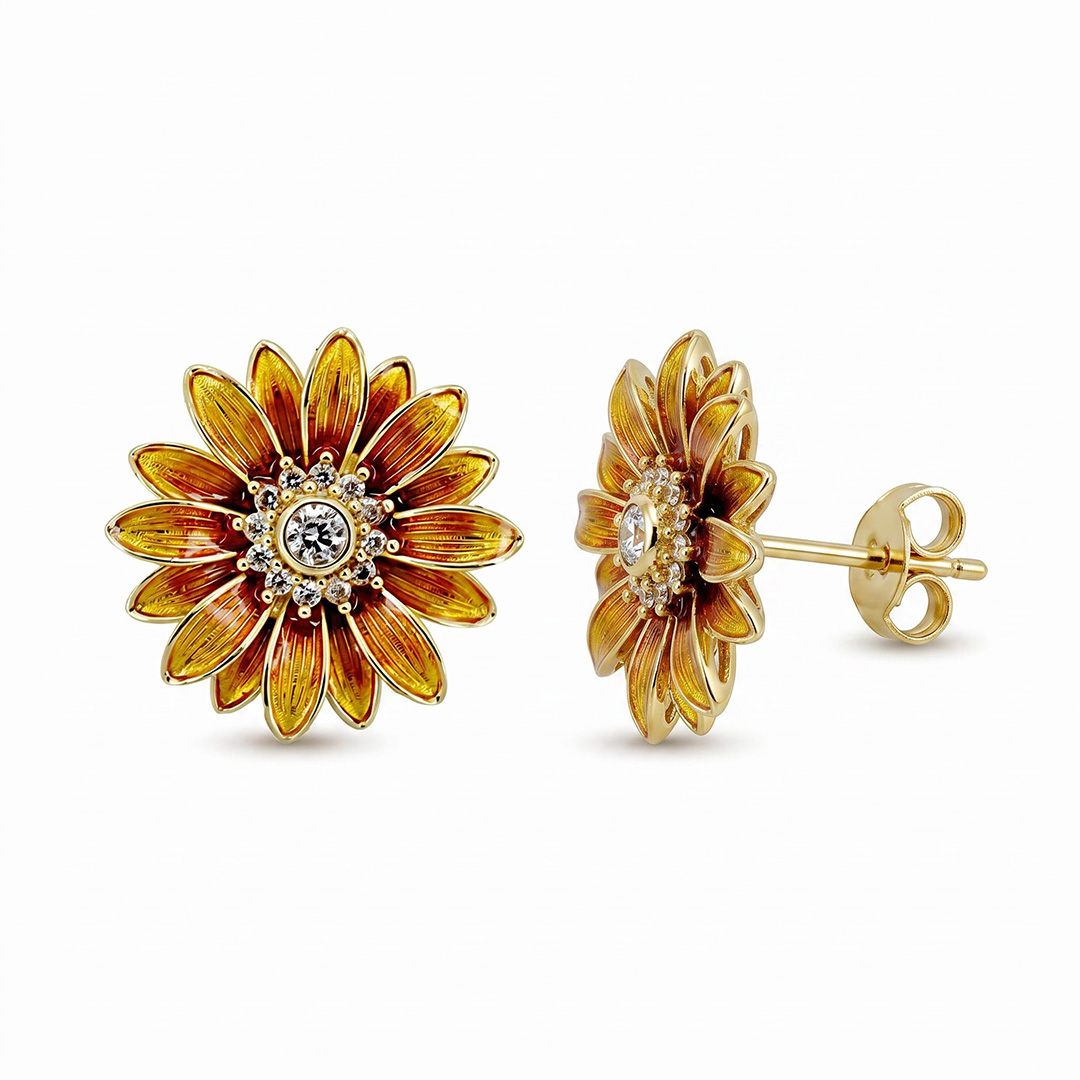Enamel Nature Glaze Brown Yellow Sunflower Stud Earrings Enamel Nature Glaze Brown Yellow Sunflower Stud Earrings