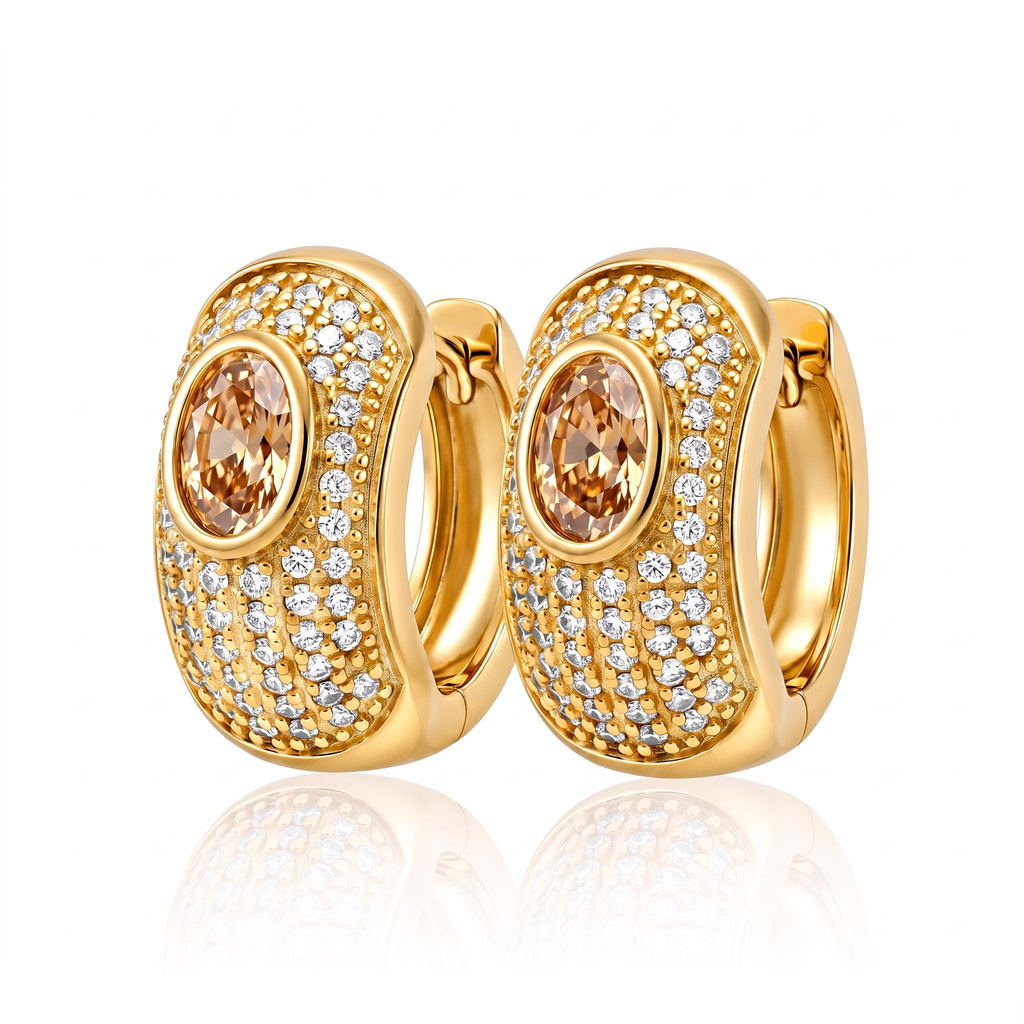 1.56 ct.tw. Full Pave Halo Oval Champagne Stone Huggie Earrings 1.56 ct.tw. Full Pave Halo Oval Champagne Stone Huggie Earrings