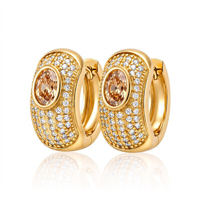 1.56 ct.tw. Full Pave Halo Oval Champagne Stone Huggie Earrings