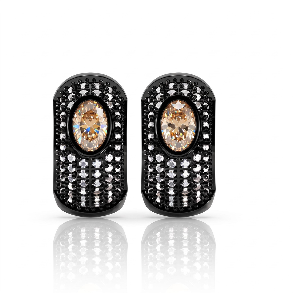 1.56 ct.tw. Full Pave Halo Oval Champagne Stone Huggie Earrings 1.56 ct.tw. Full Pave Halo Oval Champagne Stone Huggie Earrings