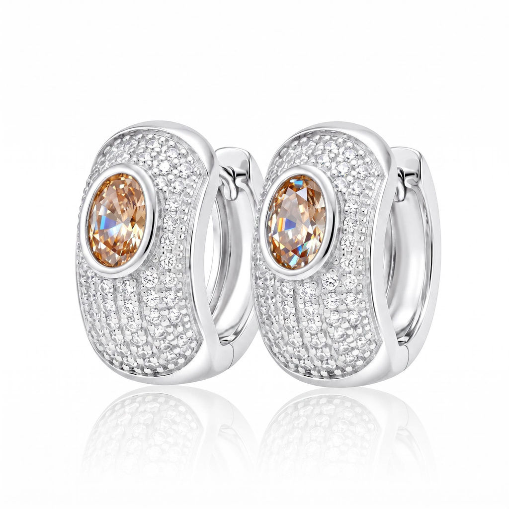 1.56 ct.tw. Full Pave Halo Oval Champagne Stone Huggie Earrings 1.56 ct.tw. Full Pave Halo Oval Champagne Stone Huggie Earrings