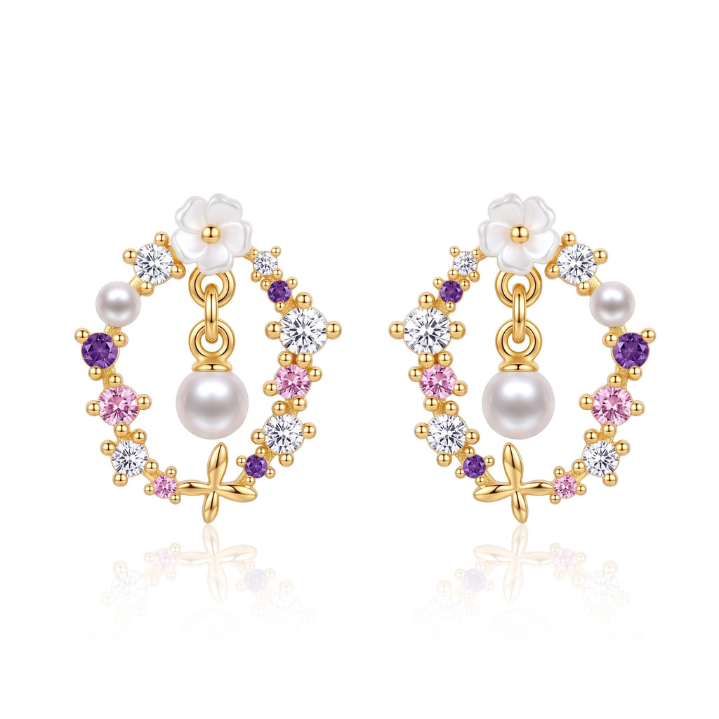 0.31 ct.tw. Clover Mother-of-Pearl Floral Pink Purple Drop Pearl Earrings 0.31 ct.tw. Clover Mother-of-Pearl Floral Pink Purple Drop Pearl Earrings