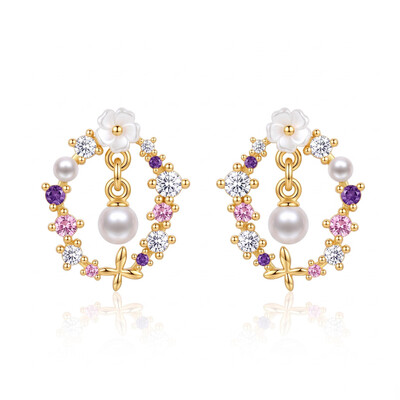 0.31 ct.tw. Clover Mother-of-Pearl Floral Pink Purple Drop Pearl Earrings