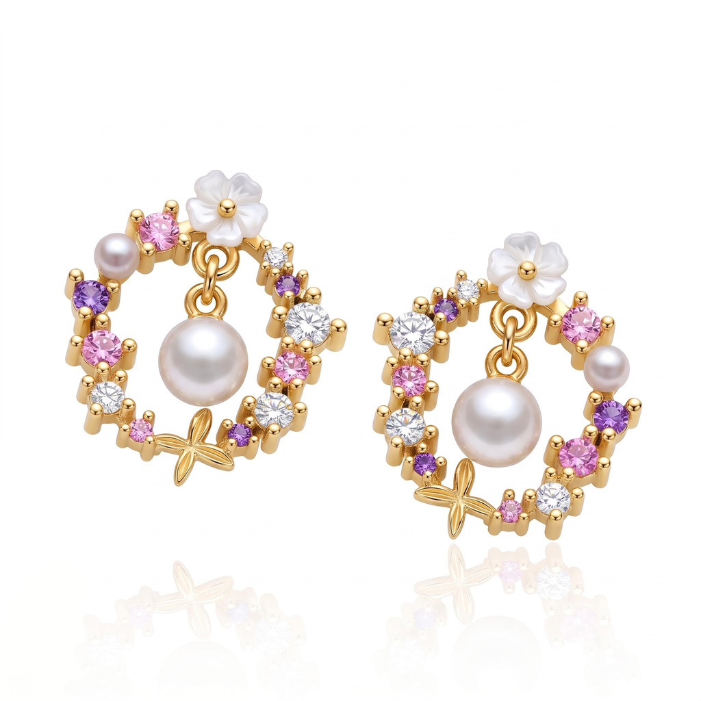 0.31 ct.tw. Clover Mother-of-Pearl Floral Pink Purple Drop Pearl Earrings 0.31 ct.tw. Clover Mother-of-Pearl Floral Pink Purple Drop Pearl Earrings