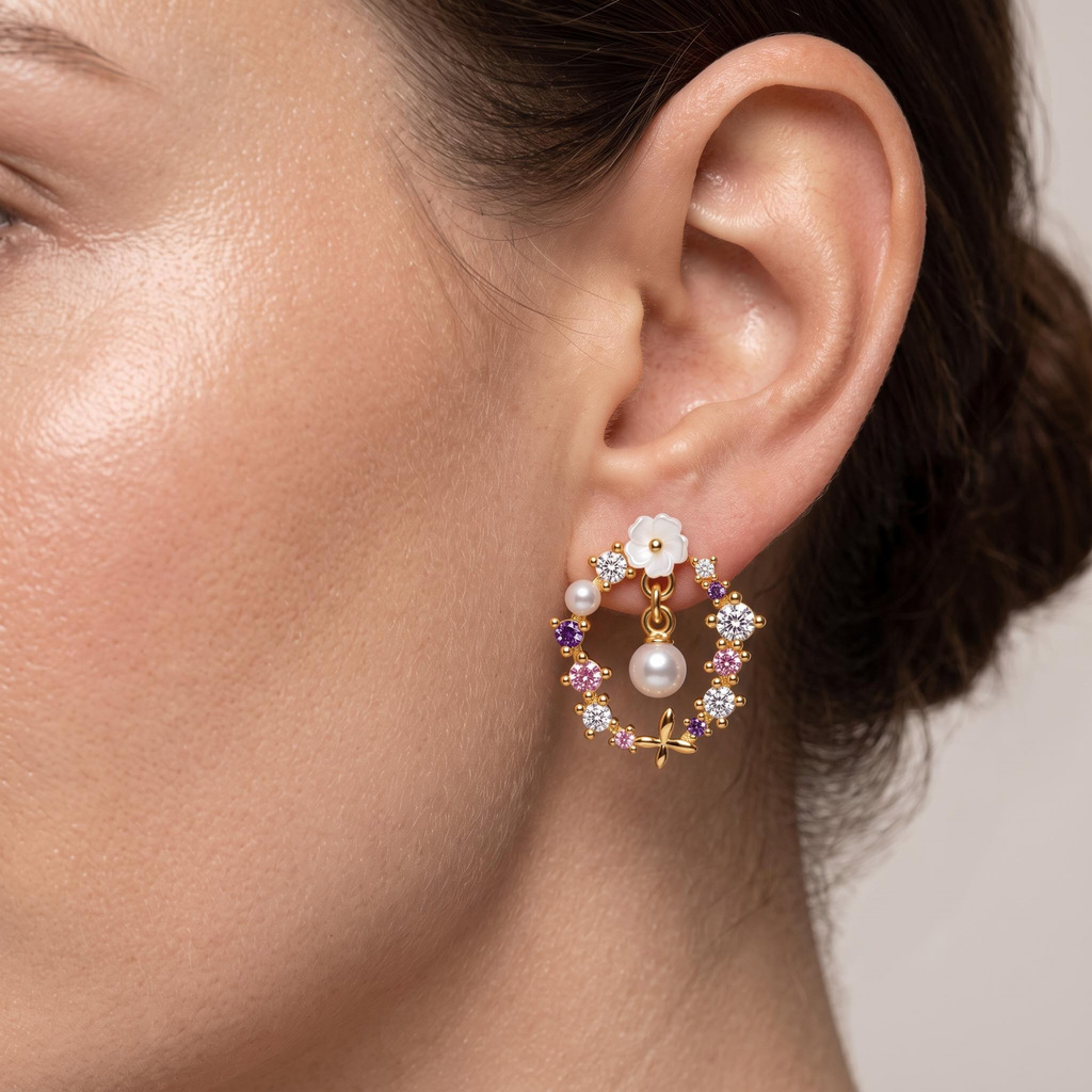 0.31 ct.tw. Clover Mother-of-Pearl Floral Pink Purple Drop Pearl Earrings 0.31 ct.tw. Clover Mother-of-Pearl Floral Pink Purple Drop Pearl Earrings