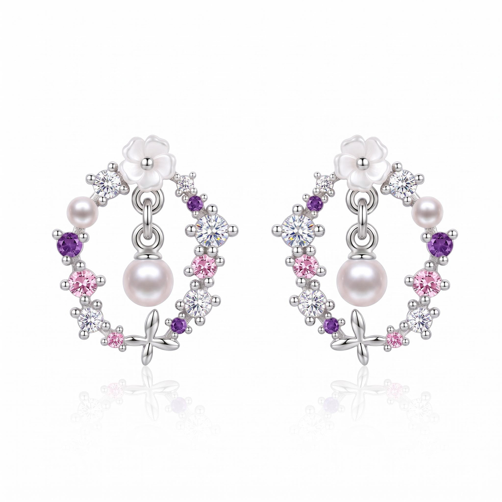 0.31 ct.tw. Clover Mother-of-Pearl Floral Pink Purple Drop Pearl Earrings 0.31 ct.tw. Clover Mother-of-Pearl Floral Pink Purple Drop Pearl Earrings