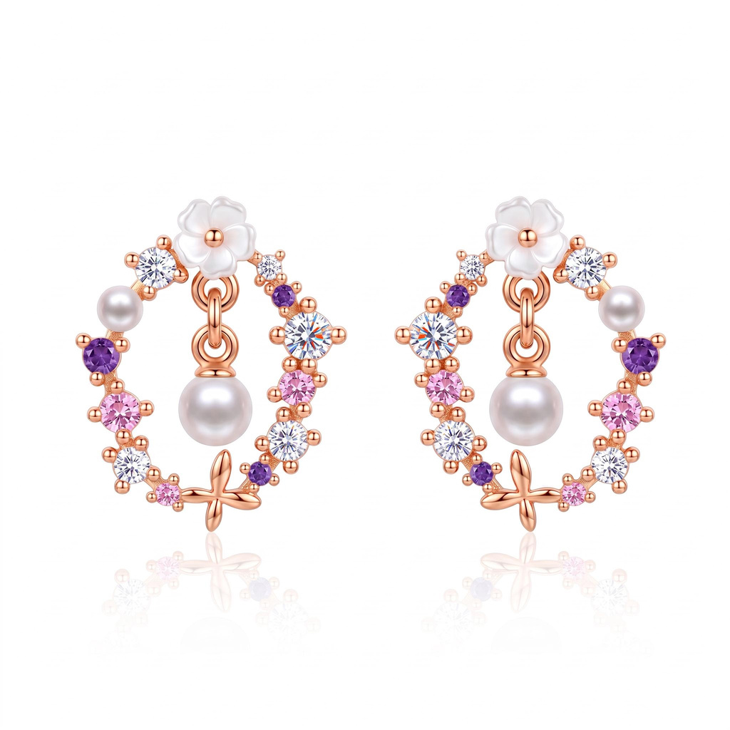 0.31 ct.tw. Clover Mother-of-Pearl Floral Pink Purple Drop Pearl Earrings 0.31 ct.tw. Clover Mother-of-Pearl Floral Pink Purple Drop Pearl Earrings