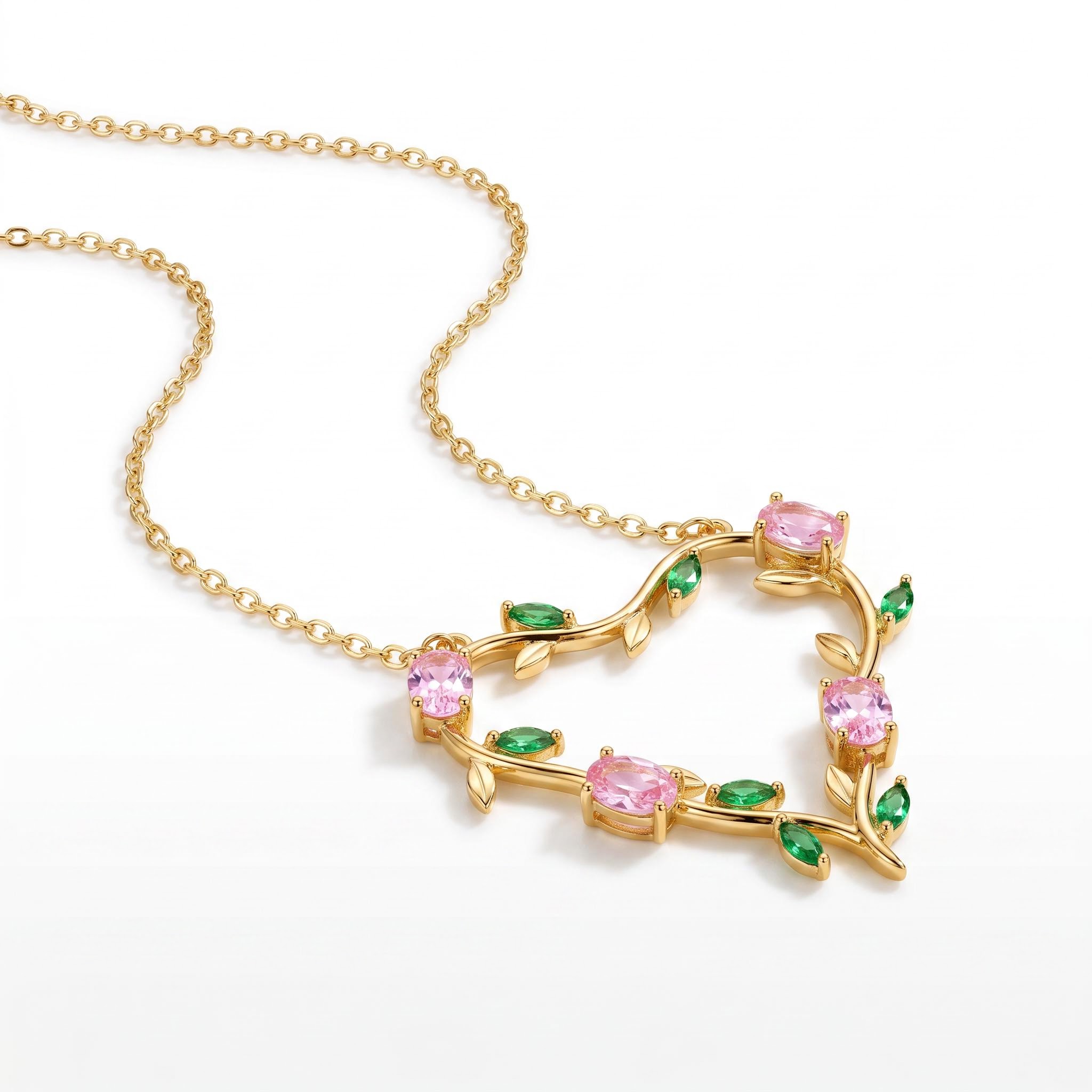 1.21 ct.tw. Tulip Bloom Inspired Pink & Green Hollow Heart Pendant Necklace