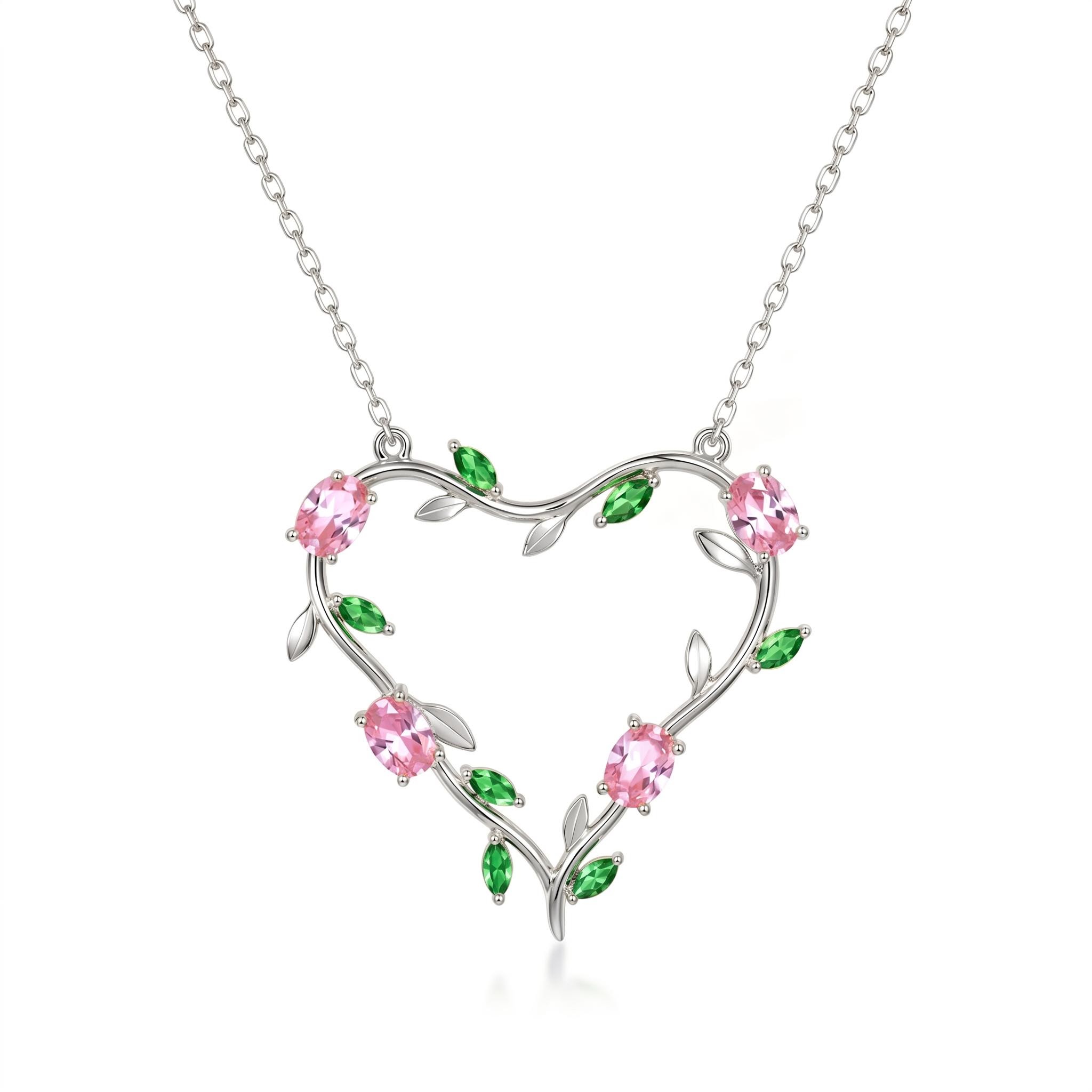 1.21 ct.tw. Tulip Bloom Inspired Pink & Green Hollow Heart Pendant Necklace