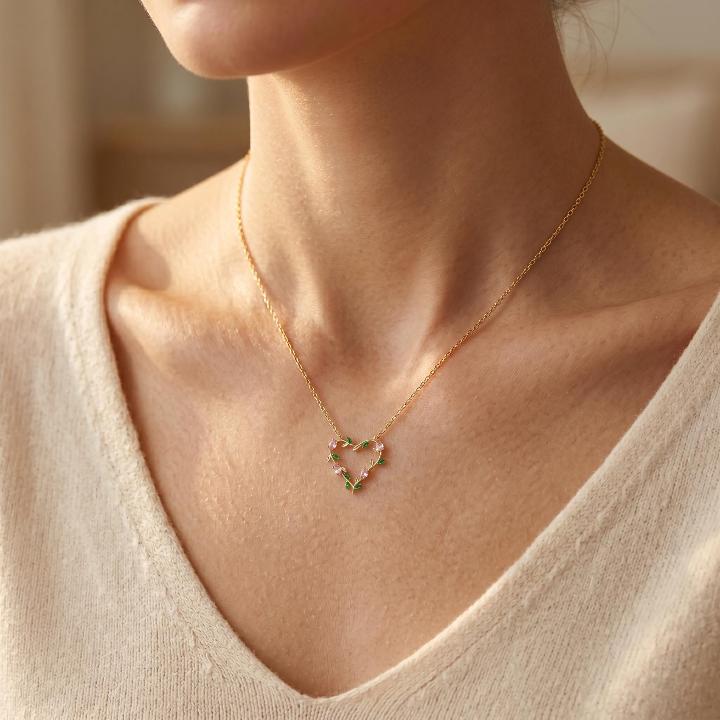 1.21 ct.tw. Tulip Bloom Inspired Pink & Green Hollow Heart Pendant Necklace 1.21 ct.tw. Tulip Bloom Inspired Pink & Green Hollow Heart Pendant Necklace