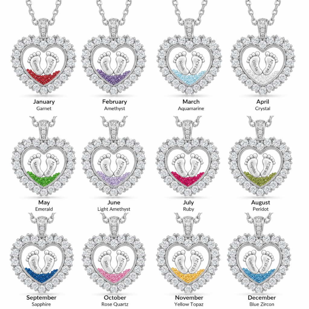 Engraved Baby Footprint Heart Shaped Birthstone Floating Diamond Pendant Engraved Baby Footprint Heart Shaped Birthstone Floating Diamond Pendant