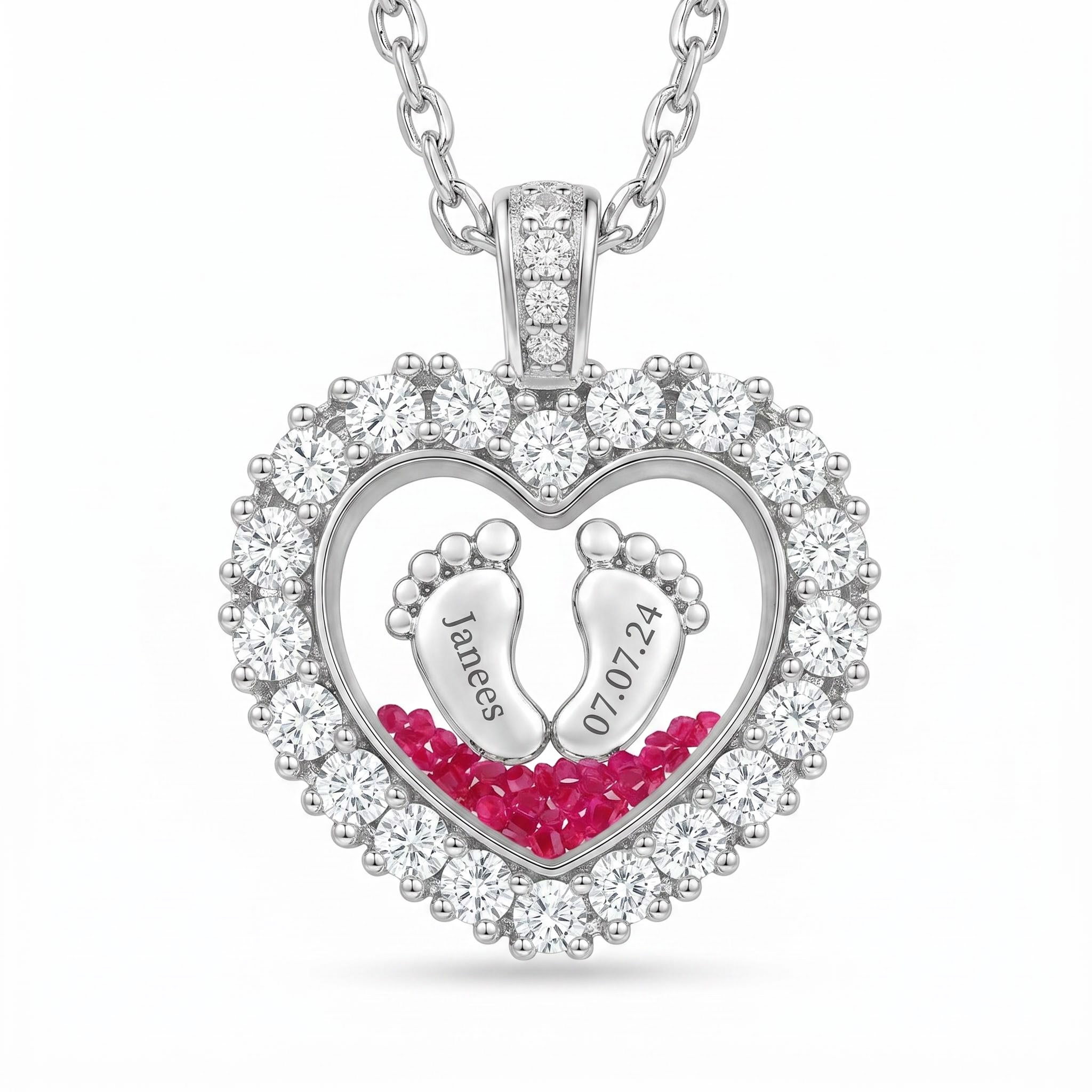 Engraved Baby Footprint Heart Shaped Birthstone Floating Diamond Pendant Engraved Baby Footprint Heart Shaped Birthstone Floating Diamond Pendant