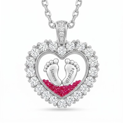 Engraved Baby Footprint Heart Shaped Birthstone Floating Diamond  Pendant
