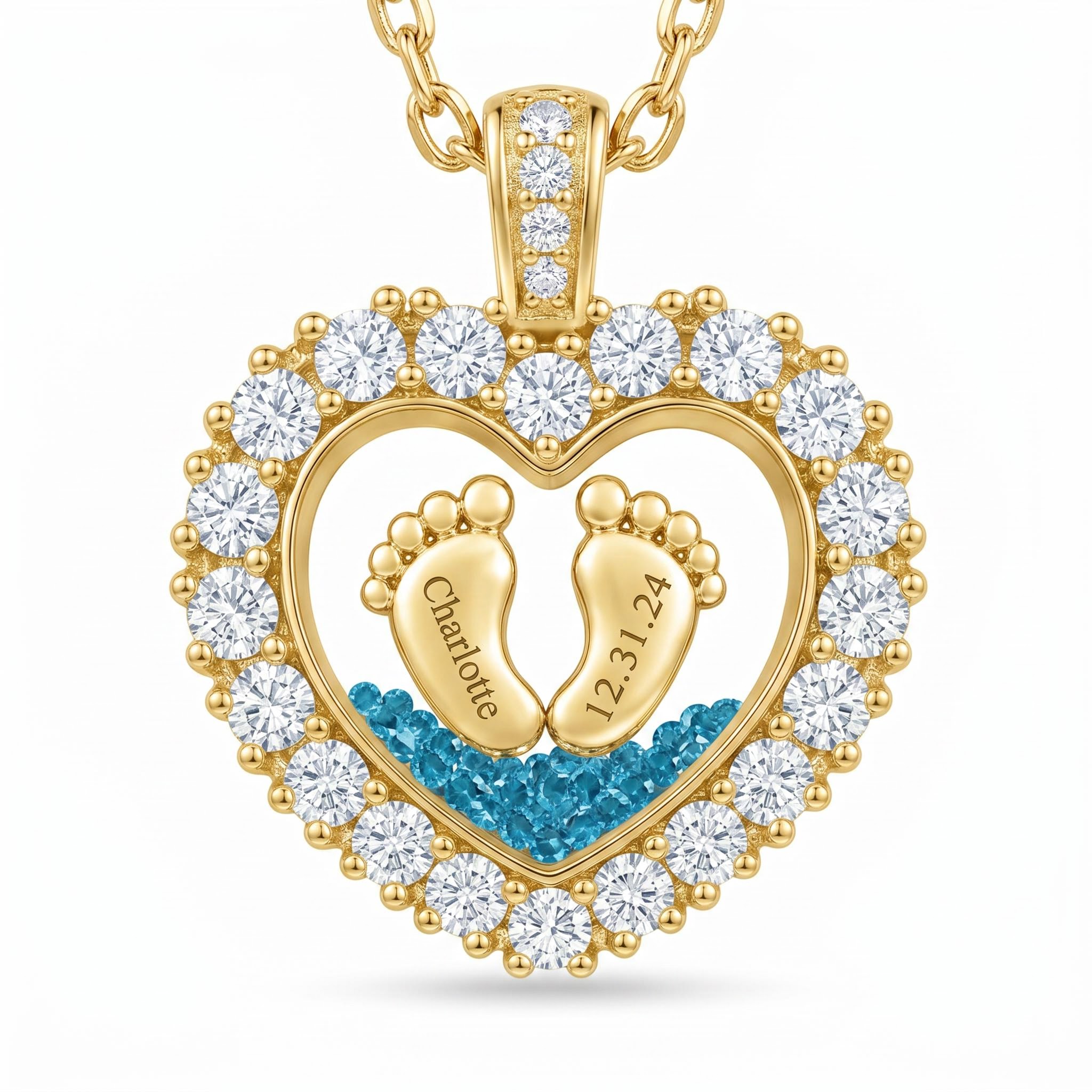 Engraved Baby Footprint Heart Shaped Birthstone Floating Diamond Pendant Engraved Baby Footprint Heart Shaped Birthstone Floating Diamond Pendant
