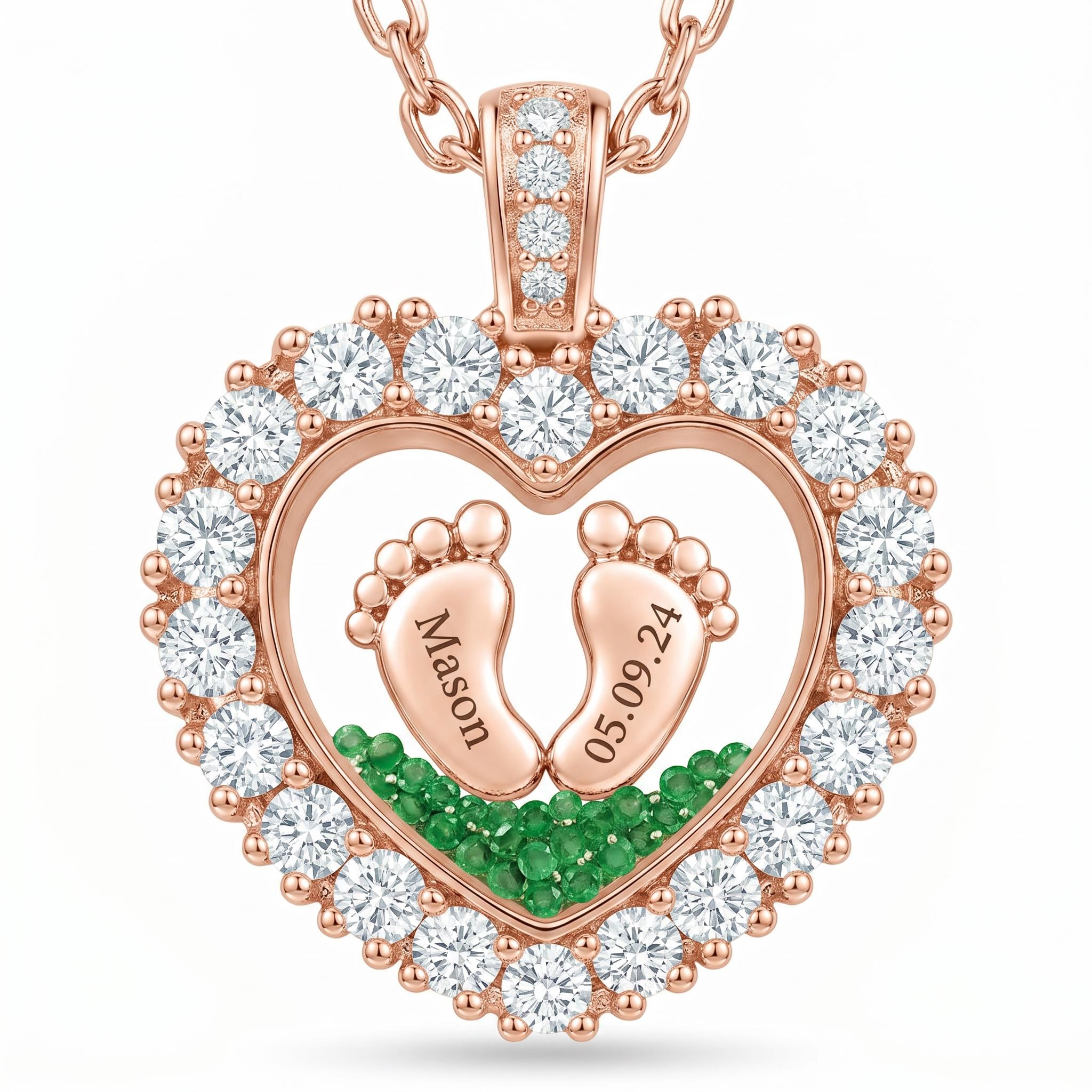 Engraved Baby Footprint Heart Shaped Birthstone Floating Diamond Pendant Engraved Baby Footprint Heart Shaped Birthstone Floating Diamond Pendant