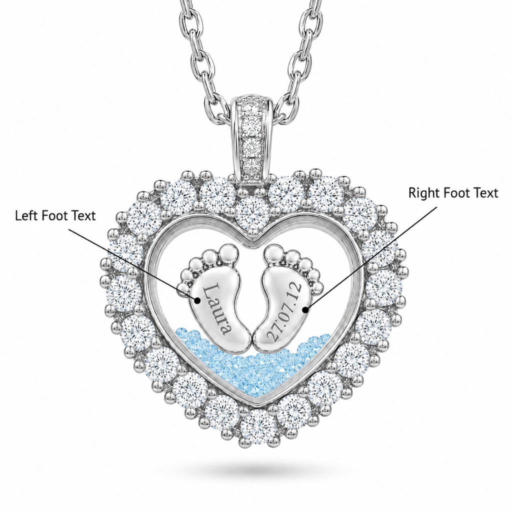 Engraved Baby Footprint Heart Shaped Birthstone Floating Diamond Pendant Engraved Baby Footprint Heart Shaped Birthstone Floating Diamond Pendant