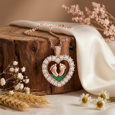 Engraved Baby Footprint Heart Shaped Birthstone Floating Diamond  Pendant