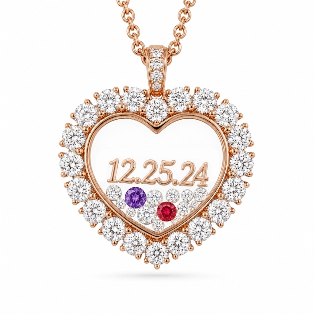 Custom Date Heart Shaped Floating Diamond Birthstone Pendant Custom Date Heart Shaped Floating Diamond Birthstone Pendant