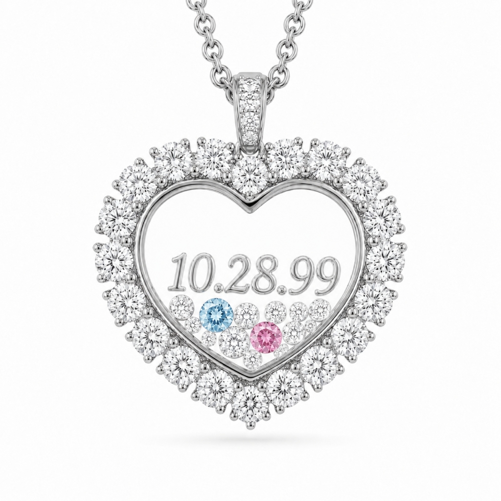 Custom Date Heart Shaped Floating Diamond Birthstone Pendant Custom Date Heart Shaped Floating Diamond Birthstone Pendant