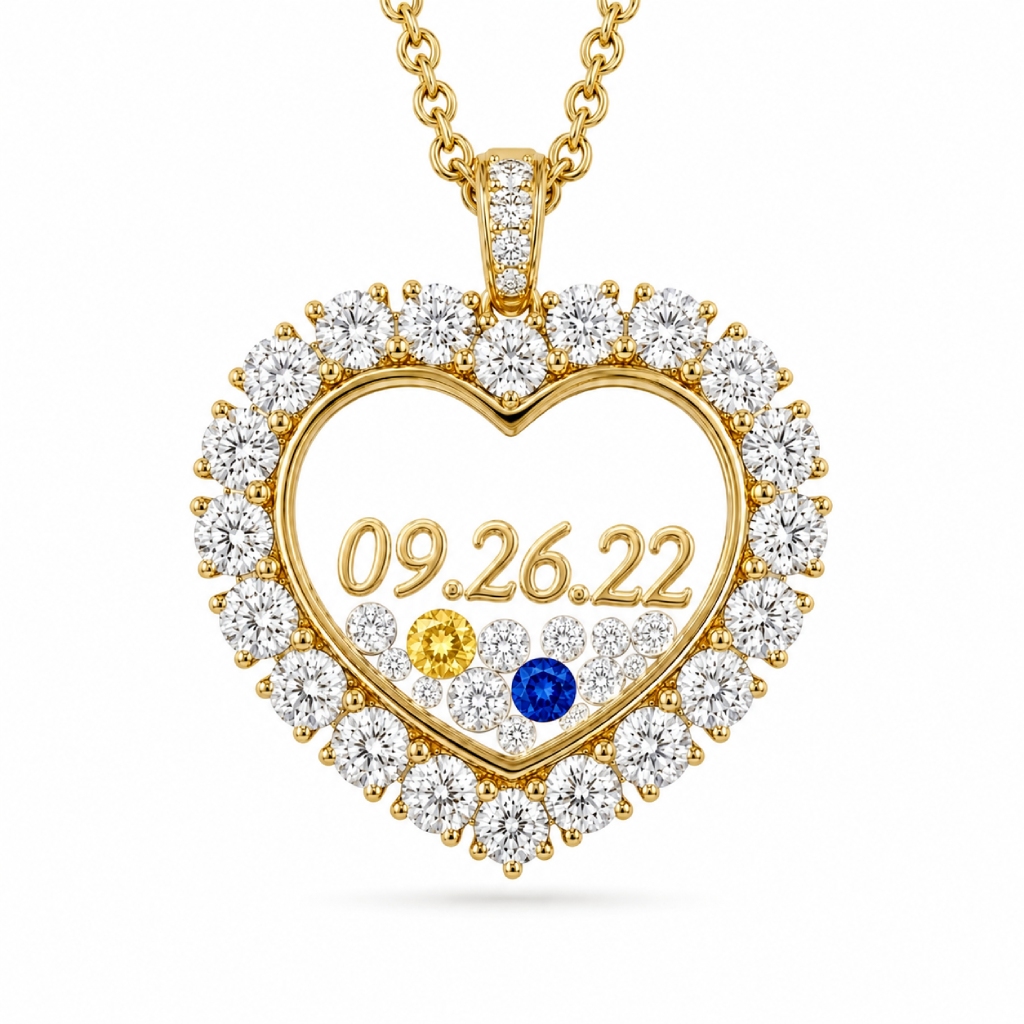 Custom Date Heart Shaped Floating Diamond Birthstone Pendant Custom Date Heart Shaped Floating Diamond Birthstone Pendant