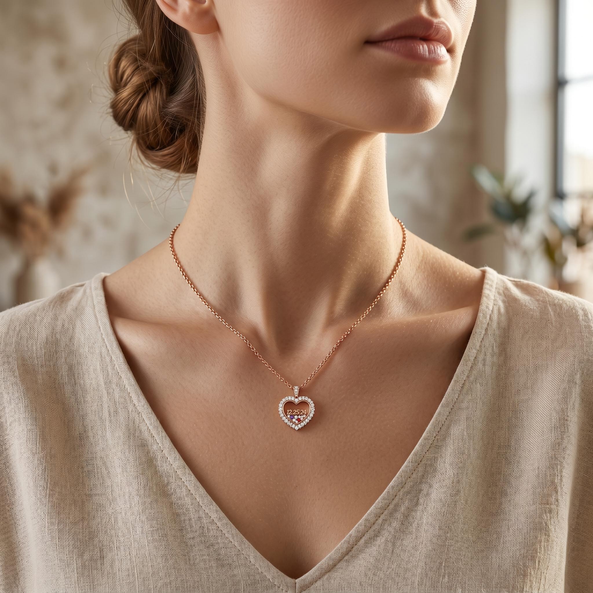 Custom Date Heart Shaped Floating Diamond Birthstone Pendant Custom Date Heart Shaped Floating Diamond Birthstone Pendant