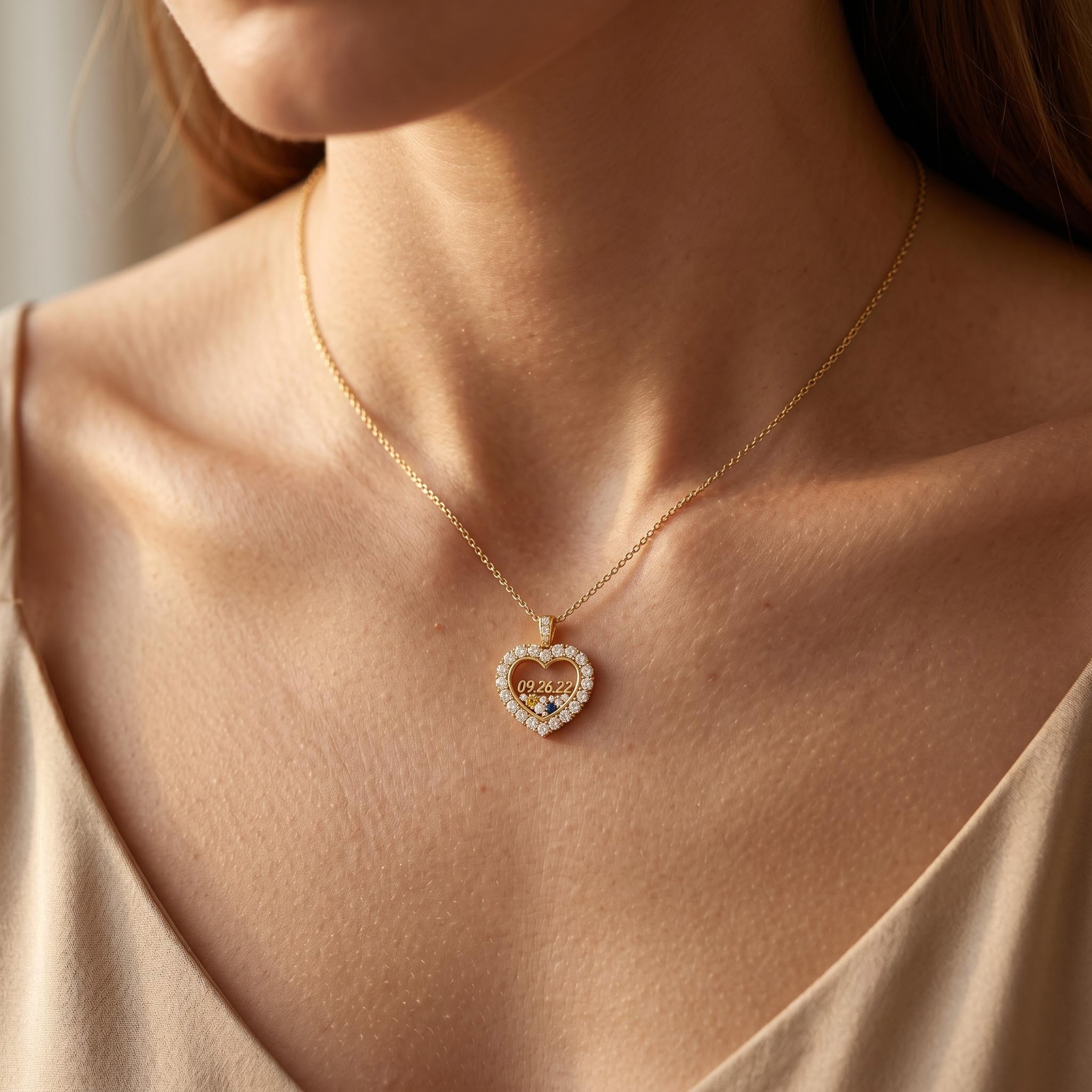 Custom Date Heart Shaped Floating Diamond Birthstone Pendant Custom Date Heart Shaped Floating Diamond Birthstone Pendant
