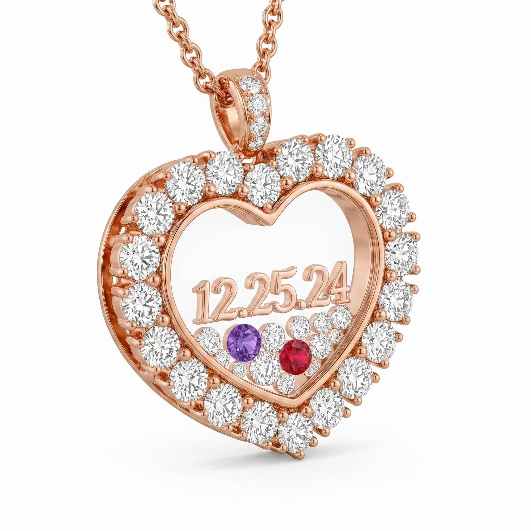 Custom Date Heart Shaped Floating Diamond Birthstone Pendant Custom Date Heart Shaped Floating Diamond Birthstone Pendant