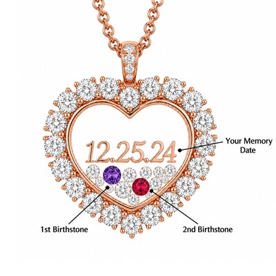 Custom Date Heart Shaped Floating Diamond Birthstone Pendant
