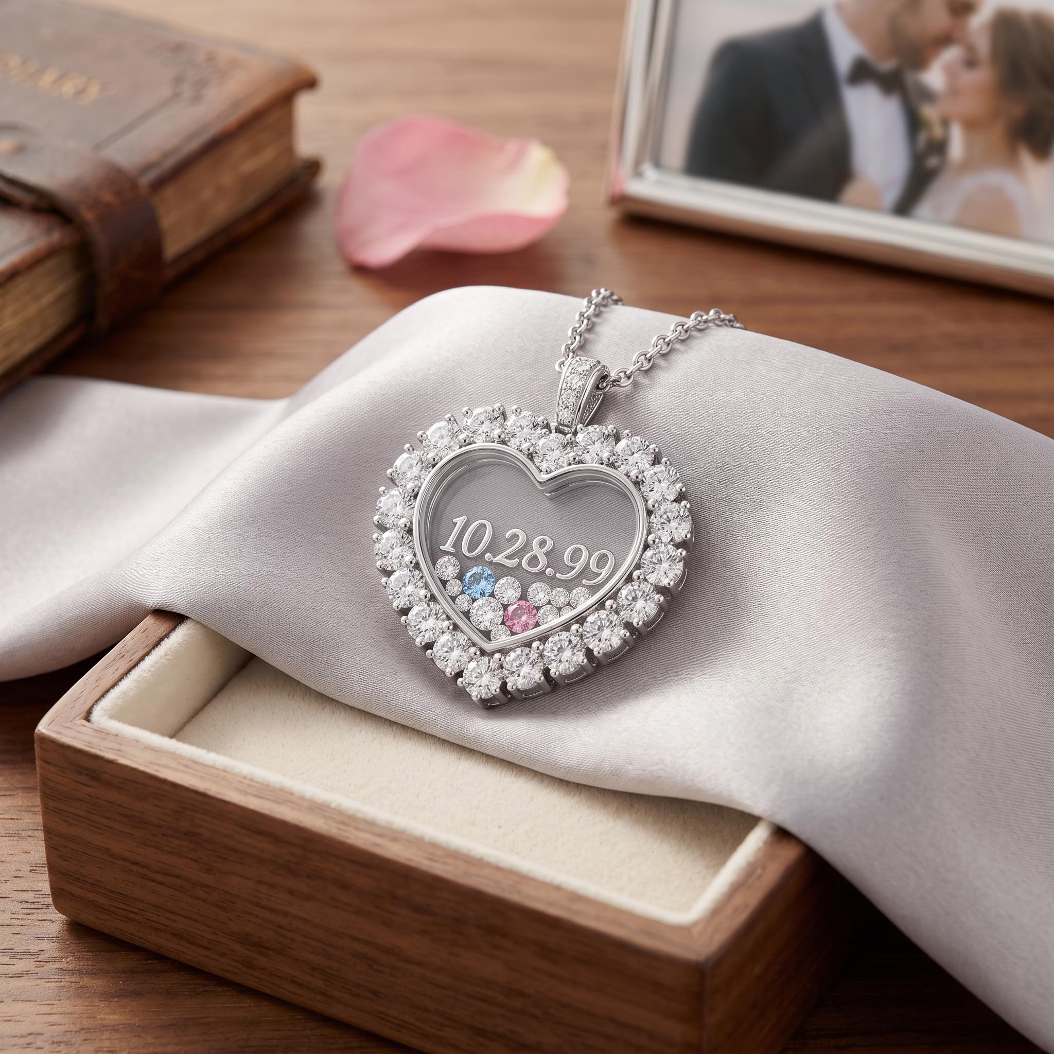 Custom Date Heart Shaped Floating Diamond Birthstone Pendant Custom Date Heart Shaped Floating Diamond Birthstone Pendant