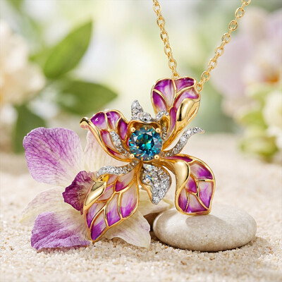 Helloice Enamel Nature Glaze Purple Pink Butterfly Flower Pendant Necklace
