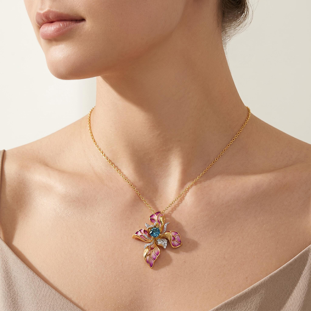 Helloice Enamel Nature Glaze Purple Pink Butterfly Flower Pendant Necklace Helloice Enamel Nature Glaze Purple Pink Butterfly Flower Pendant Necklace