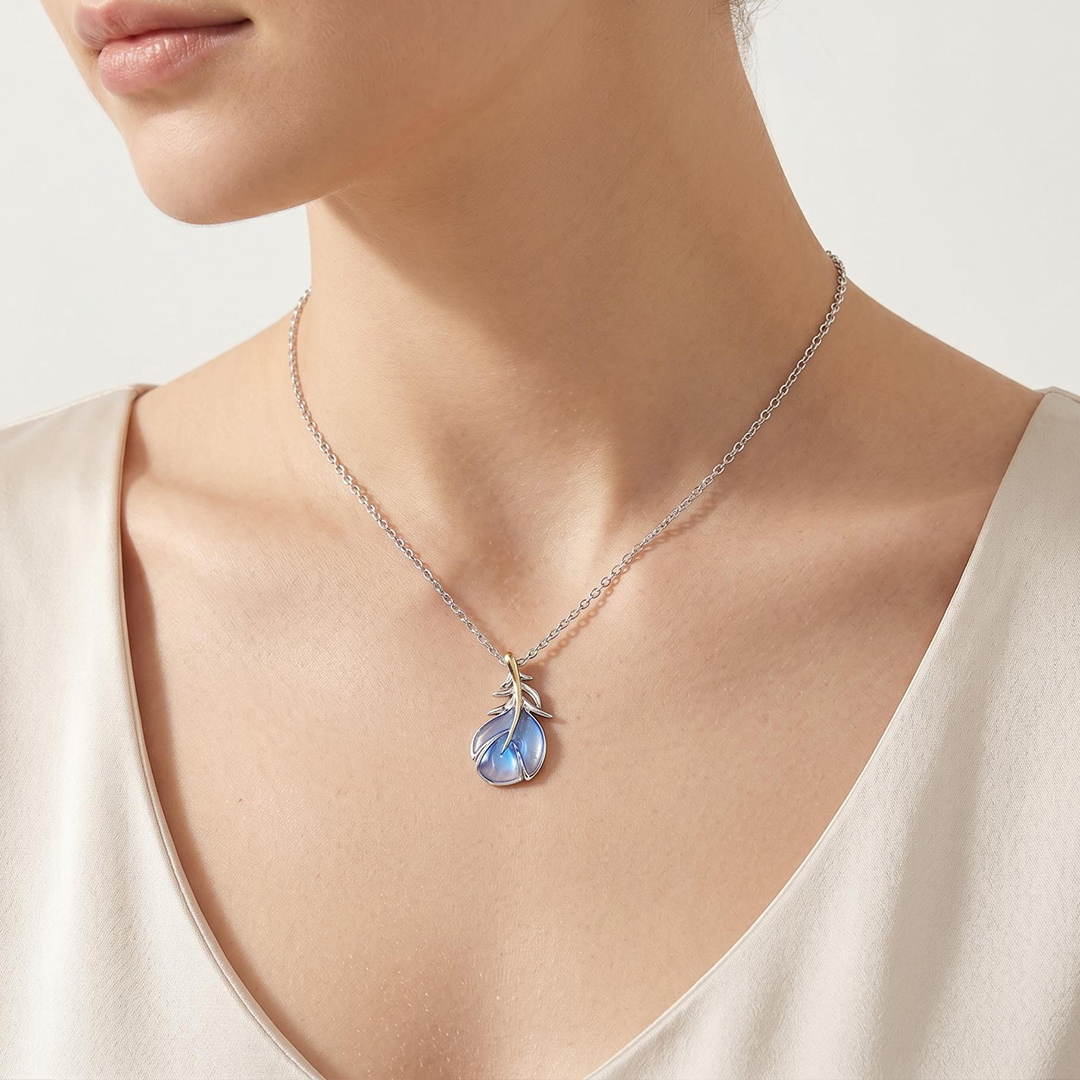 Helloice Enamel Nature Glaze Blue Feather Teardrop Pendant Necklace Helloice Enamel Nature Glaze Blue Feather Teardrop Pendant Necklace