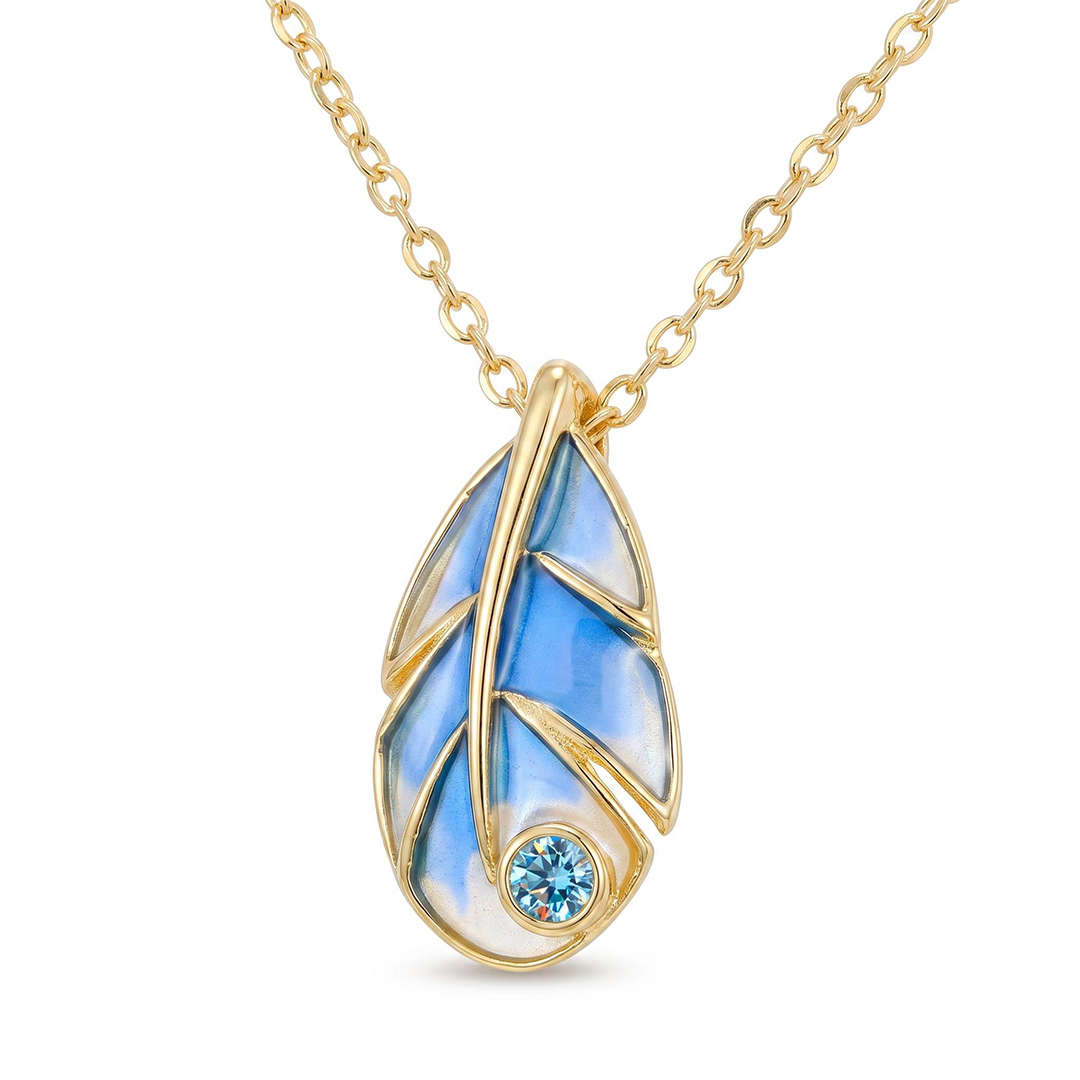 Helloice Enamel Nature Glaze Light Blue Feather Teardrop Pendant Necklace Helloice Enamel Nature Glaze Light Blue Feather Teardrop Pendant Necklace