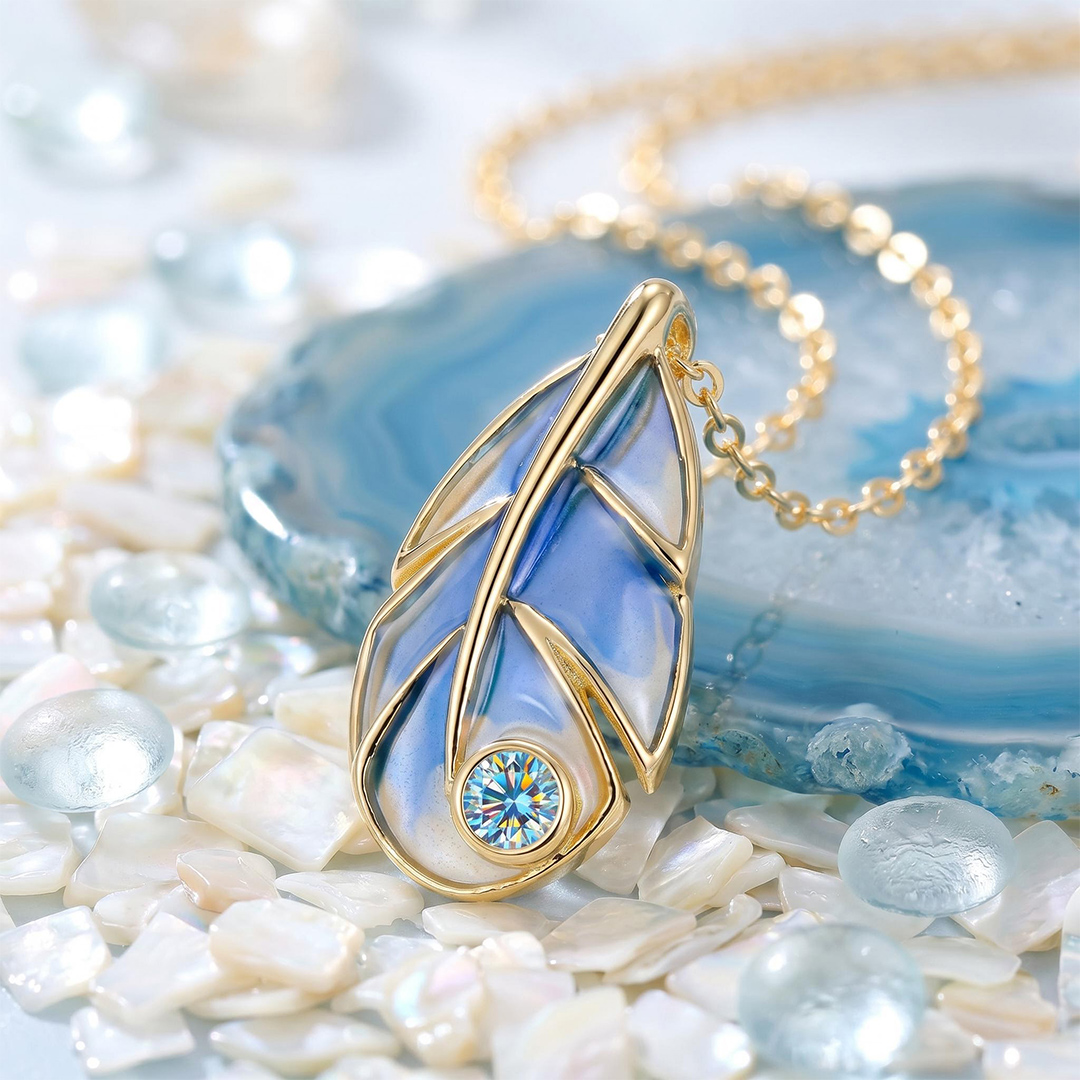 Helloice Enamel Nature Glaze Light Blue Feather Teardrop Pendant Necklace Helloice Enamel Nature Glaze Light Blue Feather Teardrop Pendant Necklace