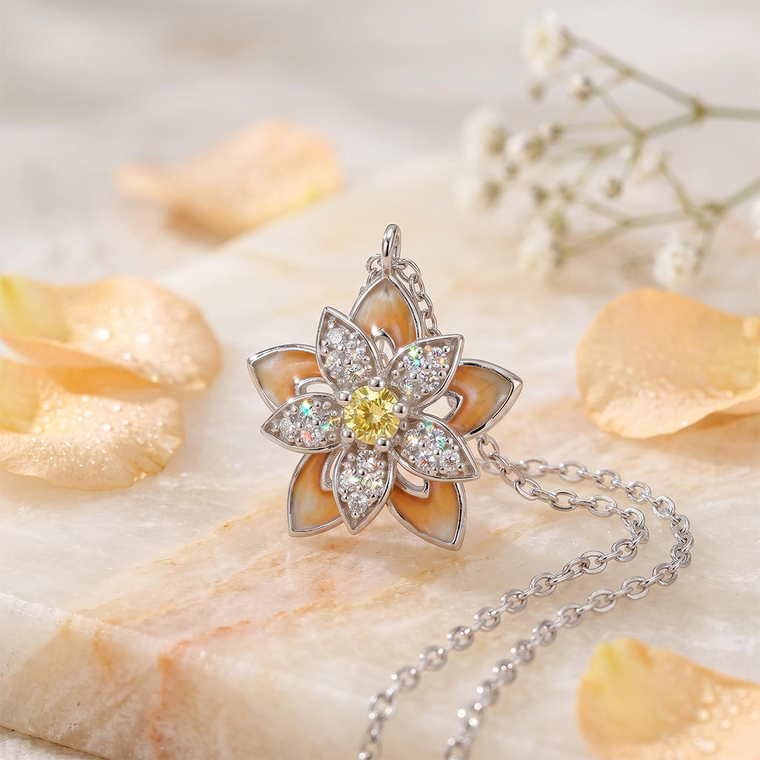 Enamel Nature Glaze Orange Five-Petal Flower Pendant Necklace