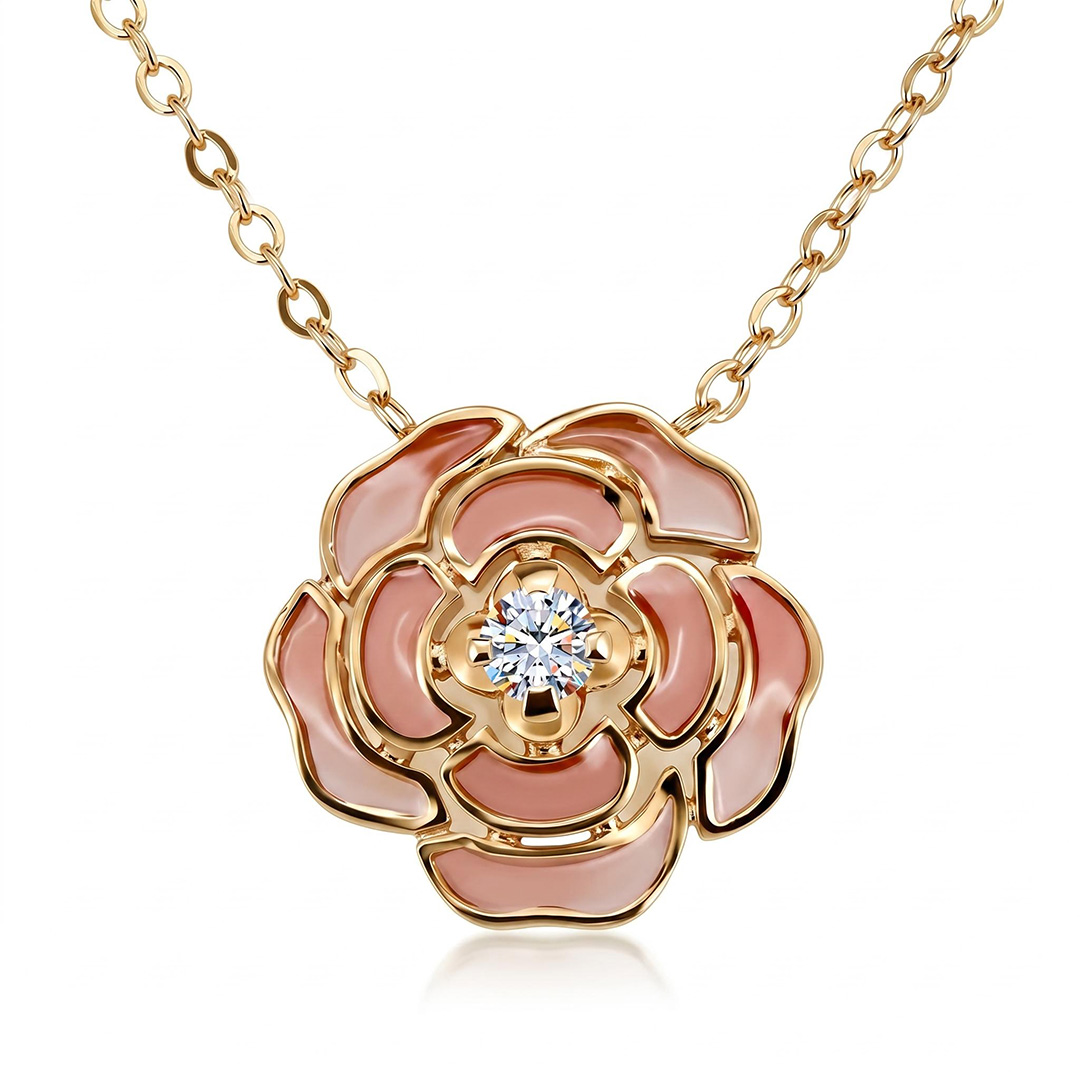 Enamel Nature Glaze Pink Rose Pendant Necklace