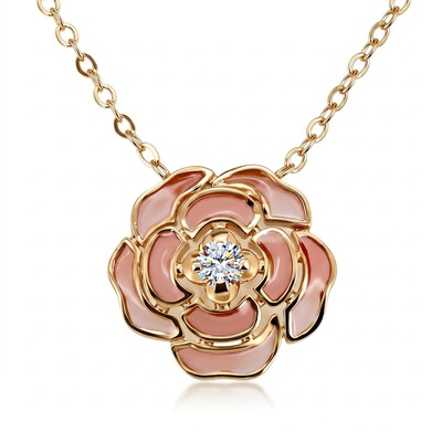 Enamel Nature Glaze Pink Rose Pendant Necklace
