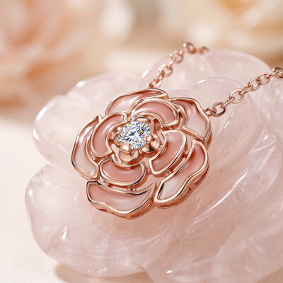 Enamel Nature Glaze Pink Rose Pendant Necklace