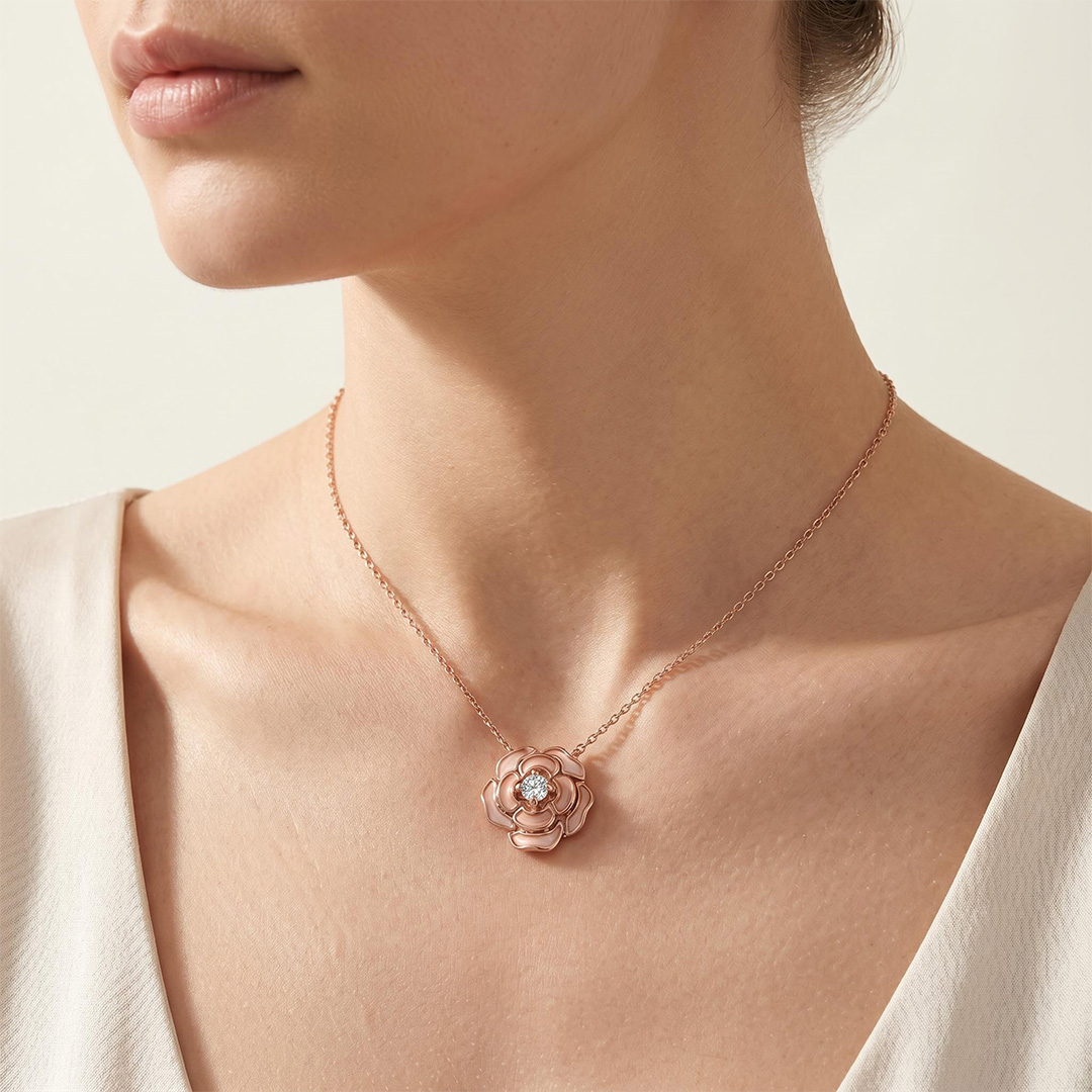 Enamel Nature Glaze Pink Rose Pendant Necklace