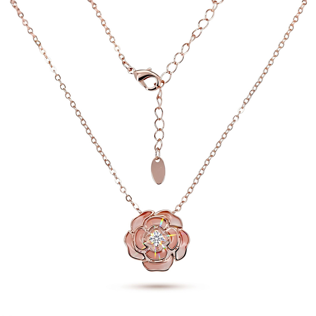Enamel Nature Glaze Pink Rose Pendant Necklace