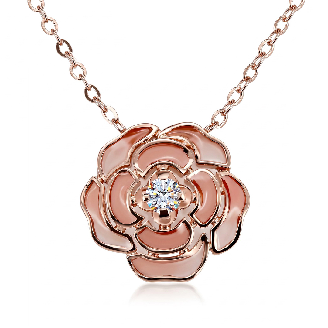 Enamel Nature Glaze Pink Rose Pendant Necklace
