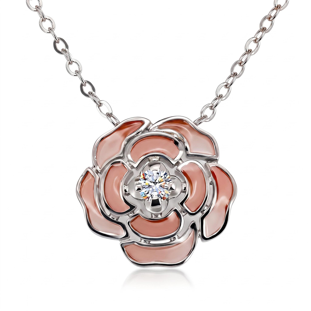 Enamel Nature Glaze Pink Rose Pendant Necklace