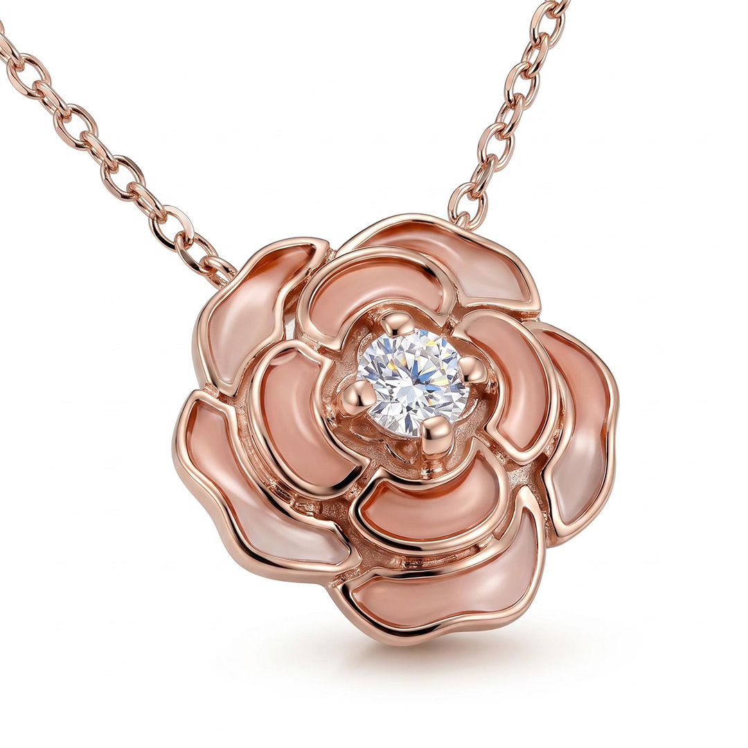 Enamel Nature Glaze Pink Rose Pendant Necklace